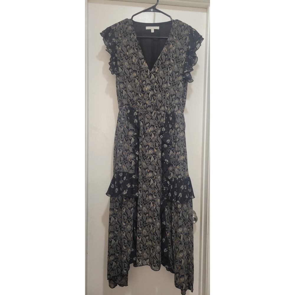 Women Paisley Printed Boho Asymmetrical Ruffle V-Neck Flutter Sleeve Dress Small